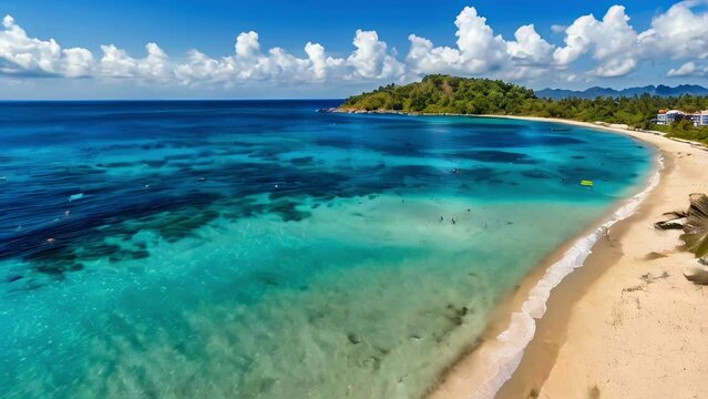 Aerial drone view of the beach with blue water and and a coast for Hello Summer.