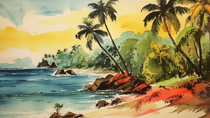 Watercolor painting of a tropical beach landscape with palm trees, lush foliage, and a clear blue ocean