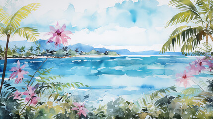 Watercolor tropical beach landscape with flowers