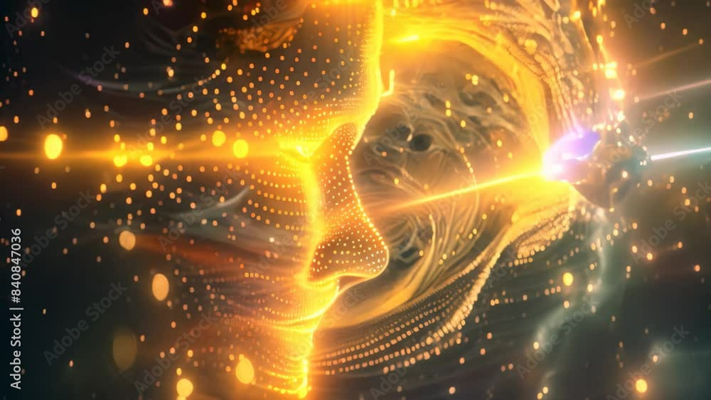 Poster close-up of a womans face with vibrant lights in the background, creating a mesmerizing glow, a visu