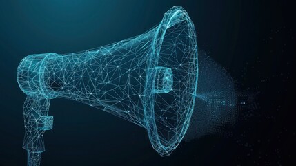 megaphone low poly wireframe on blue background. vector illustration