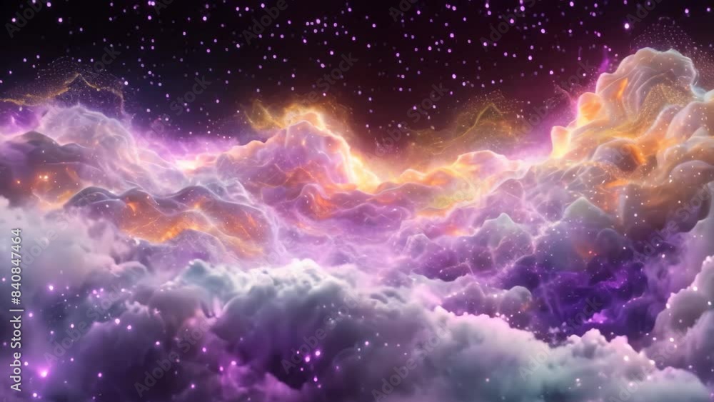 Poster computer-generated depiction of swirling clouds and twinkling stars in a nebulous yet mesmerizing ar