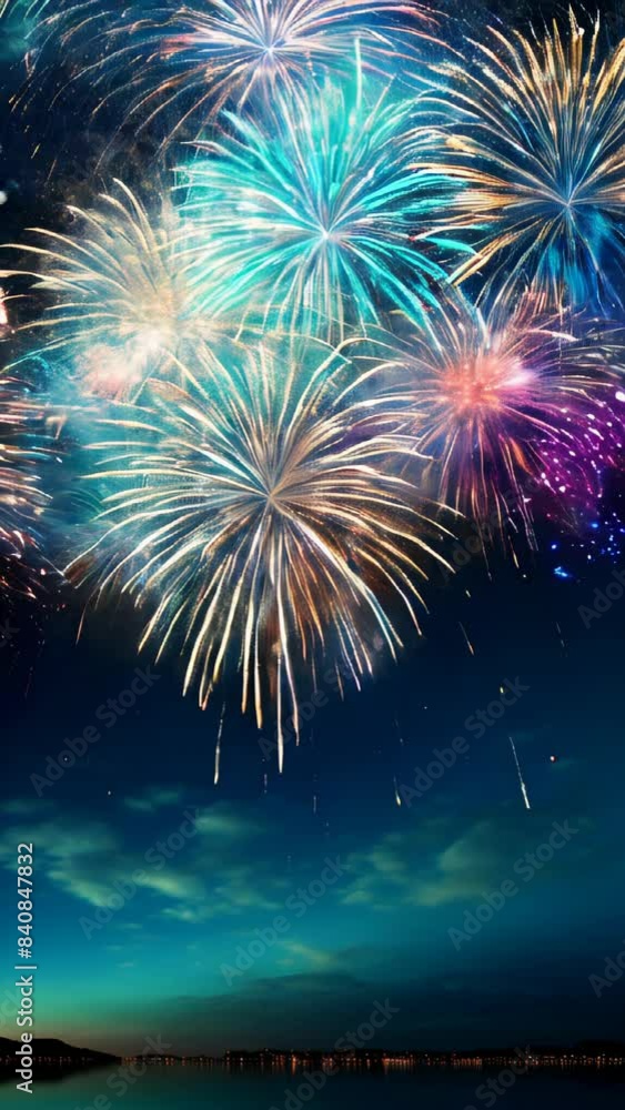 Poster a fireworks display in the sky with a blue background. the fireworks are in different colors and are