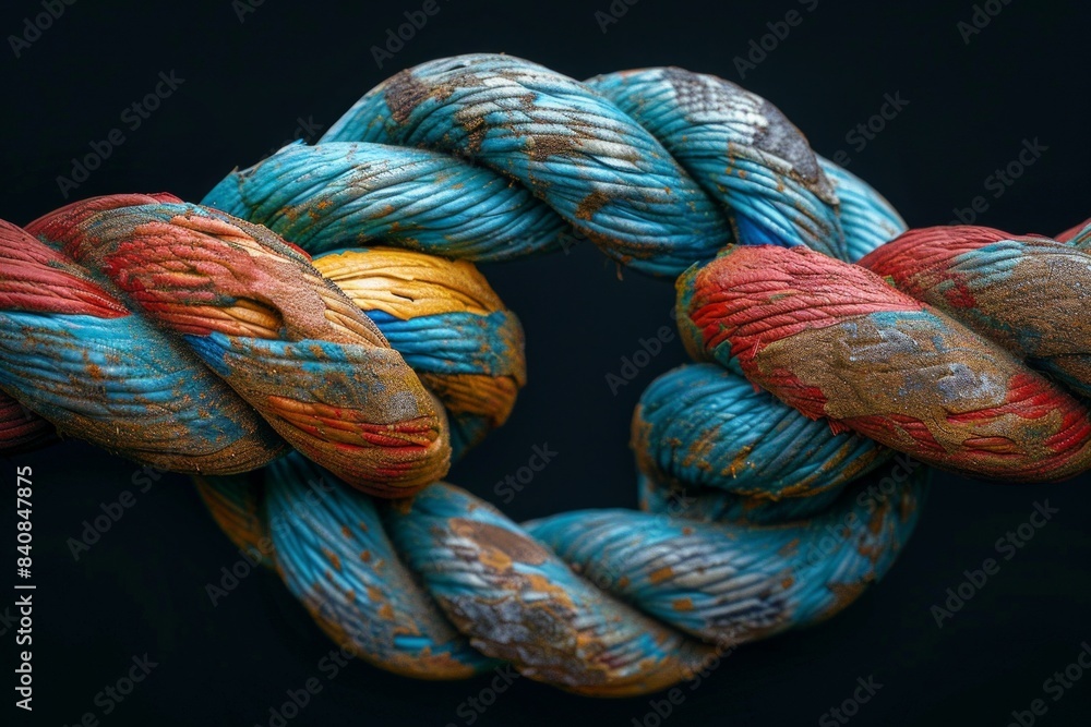 Poster a surreal close-up of a detailed rope laying on a mysterious black background, showcasing intricate 