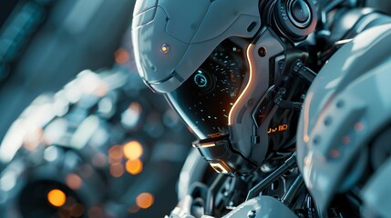 Close up of a futuristic robot on dark background. High technology concept