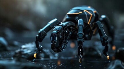 Close up of a futuristic robot on dark background. High technology concept