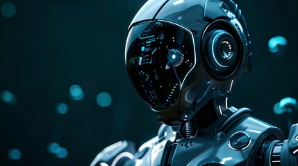 Close up of a futuristic robot on dark background. High technology concept