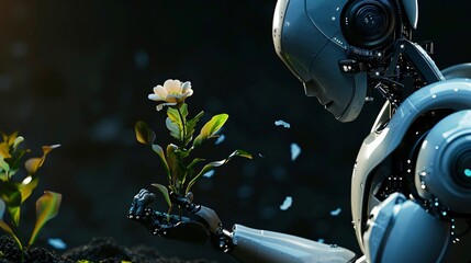 Android robot standing against dark background, holding a beautiful flower. Futuristic technology concept