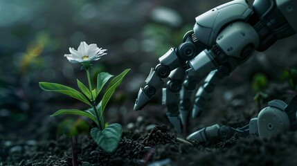 Close up shot of a android robot standing against dark background, trying to touch a beautiful small flower growing from soil