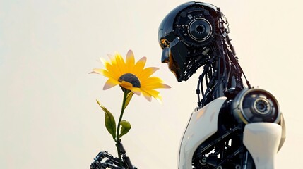 Android robot standing against white background, holding a beautiful yellow flower, copy space on left. Futuristic technology concept