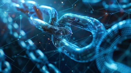 Illustration of an interconnected blockchain network with digital nodes and chains, representing the secure transfer of cryptocurrency data