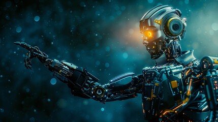 Close up shot of an android robot with left hand raised up standing against dark background, pointing to left side. High technology concept