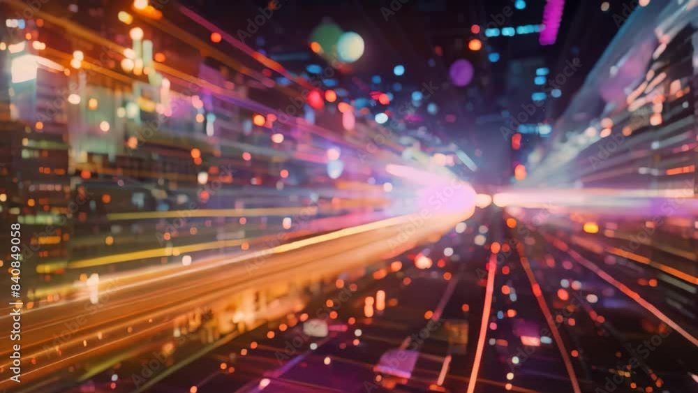 Poster dynamic colorful lights create abstract patterns in a dark room, illustrating data analytics and tre