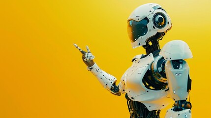 Close up shot of an android robot with left hand raised up standing against yellow background, pointing to left side. High technology concept