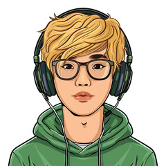 young asian man with blonde hair wearing headphones and glasses . png . clip art . vector cartoon art style . remove background 