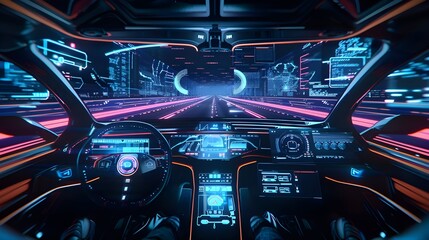 autonomous futuristic car dashboard concept with HUD and hologram screens and infotainment system as wide banne