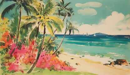 Tropical beach watercolor landscape with palm trees