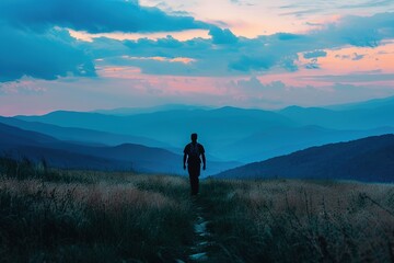 A lone hiker treks through mountainous terrain at sunset, with layers of hills stretching into the distance.