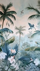 Illustration of tropical wallpaper print design with palm leaves, monstera leaves, birds and texture. Exotic plants and birds on textured background. AI generated illustration