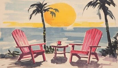 Watercolor painting of a tranquil beach scene with two pink chairs facing the ocean