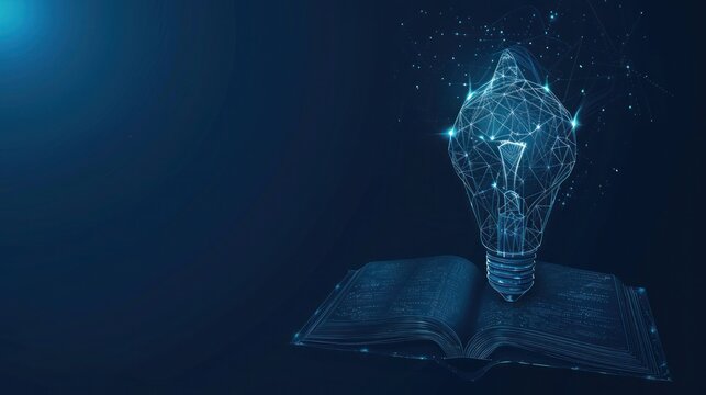 concept of education a idea light bulb low poly in the opening of an old book in blue dark background. business creative thinking with glowing wireframe