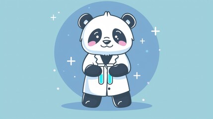 A panda teddy bear decked out in a lab coat clutching test tubes strikes an adorable pose as a cartoon character alongside a charming handwritten slogan in this flat style 2d illustration P