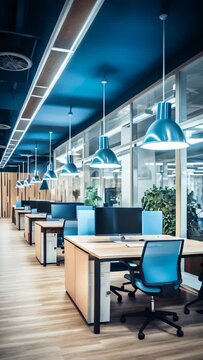 A large open office space with blue and white furniture and blue lights. The office is well lit and has a modern feel