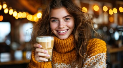 Chica tomando un café en una cafetería. 