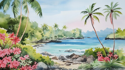 Fototapeta premium Watercolor tropical beach scene with palm trees
