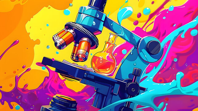 Illustration of a vibrant cartoon laboratory microscope icon in a comic style design serving as a pictogram symbolizing science and discovery in chemistry with a dynamic splash effect for bu