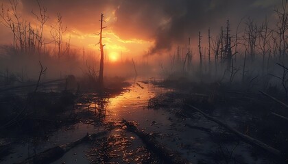 sunset over haunted misty swamp