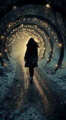 silhouette of a person in a snowy tunnel
