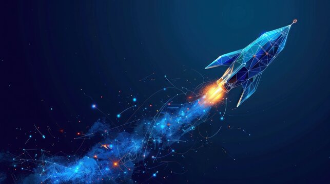 Business achievement to success concept with rocket launch low poly wireframe on blue background