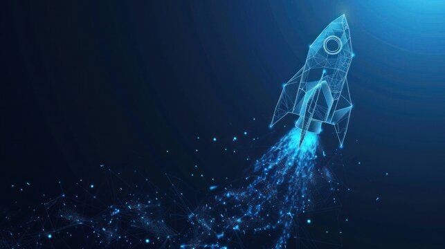 Business achievement to success concept with rocket launch low poly wireframe on blue background