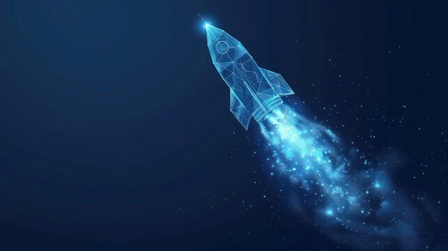 Business achievement to success concept with rocket launch low poly wireframe on blue background