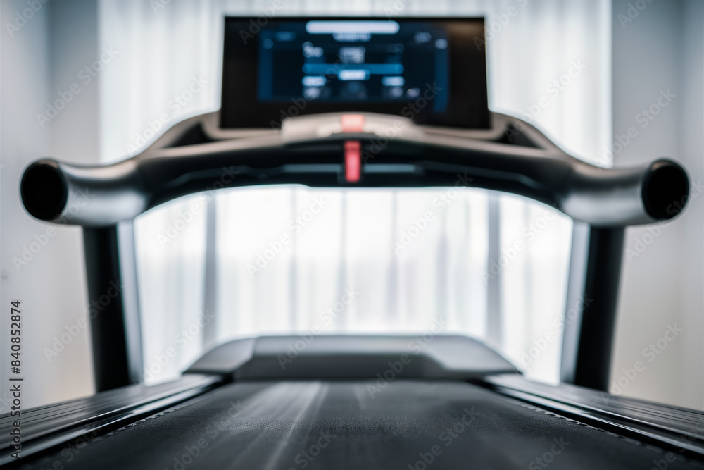 Poster a treadmill with a computer screen on it in front of the window, ai