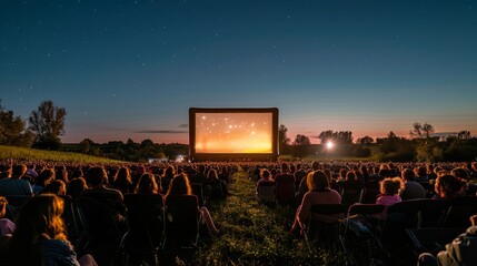A wide-angle shot of a large outdoor movie screen illuminated against the night sky, with a diverse crowd of families enjoying a film