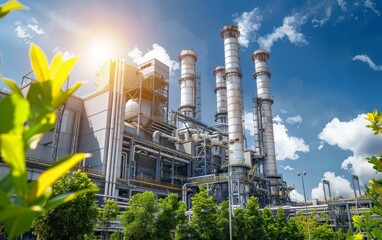 Obraz premium Photo of an industrial gas plant with green trees 