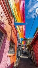 Fototapeta premium A street decorated with many rainbow flags symbolizing the LGBTQ+ community, creating an atmosphere of celebration and support leading up to or during the Pride Parade.