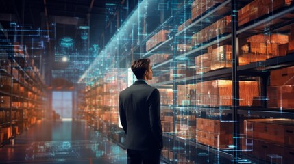 Fototapeta premium A man is exploring a digitally enhanced warehouse equipped with advanced inventory management systems