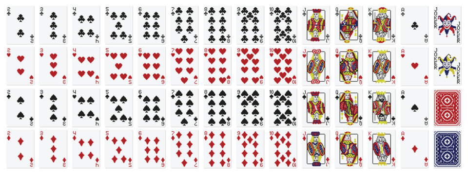 Pixel art playing cards. Standard 52 playing cards deck with pixelated clubs, diamonds, hearts and spades. Illustrated face cards Jack, Queen, King and Joker vector set.
