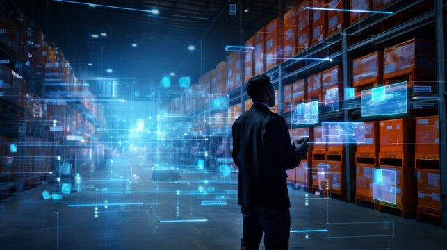 A man is exploring a digitally enhanced warehouse equipped with advanced inventory management systems