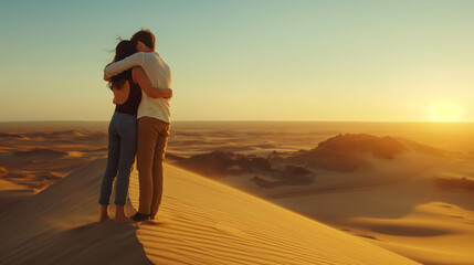 Couple hugging atop sand dunes, vast desert expanse, top third copy space