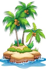Fototapeta premium Cute cartoon illustration of a tropical coconut and palm tree, capturing the fun and refreshing essence of summer and exotic beach vibes, Gernerative AI