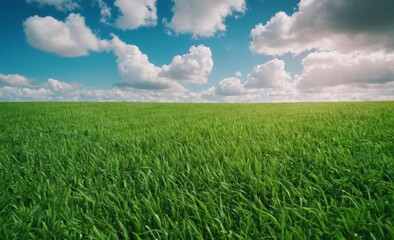 Obraz premium Panoramic Natural Landscape Green Grass Field, Blue Sky, and Mountains in Background, Summer Spring Meadow