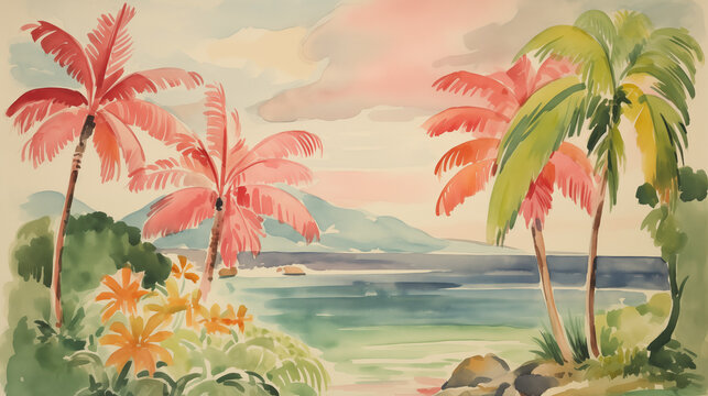 Tropical beach landscape with palm trees