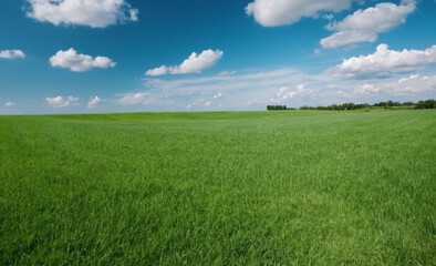 Obraz premium Panoramic Natural Landscape Green Grass Field, Blue Sky, and Mountains in Background, Summer Spring Meadow