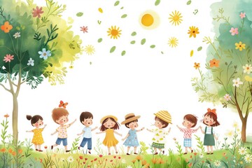 Cartoon children playing outdoors under the sun, showcasing joy, friendship, and vibrant nature.