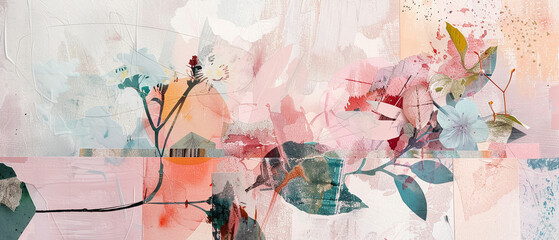 A mixed media abstract collage art piece showcasing nature and human elements in harmony, using soft pastel colors, organic shapes, botanical illustrations