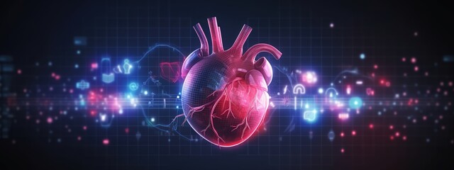 A digital heart with holographic graphs and charts overlaying it, representing the data collection process for AI-based patient care.